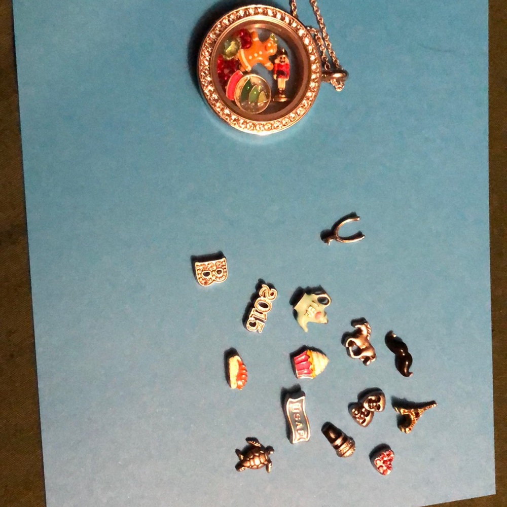 Origami owl locket with 17 charms + assorted gems